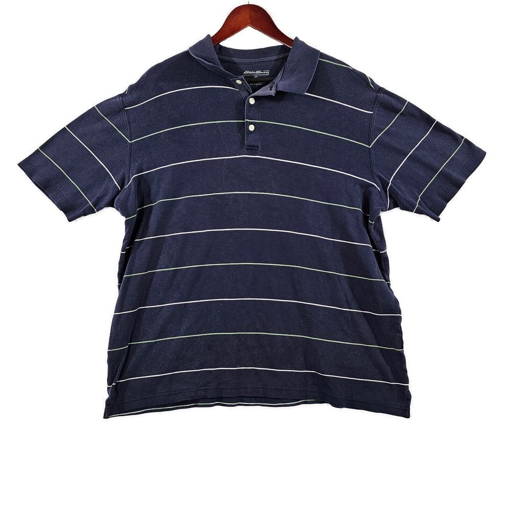 Eddie Bauer‎ Mens Polo Shirt Short Sleeve Regular Fit Striped Collared Blue XLT